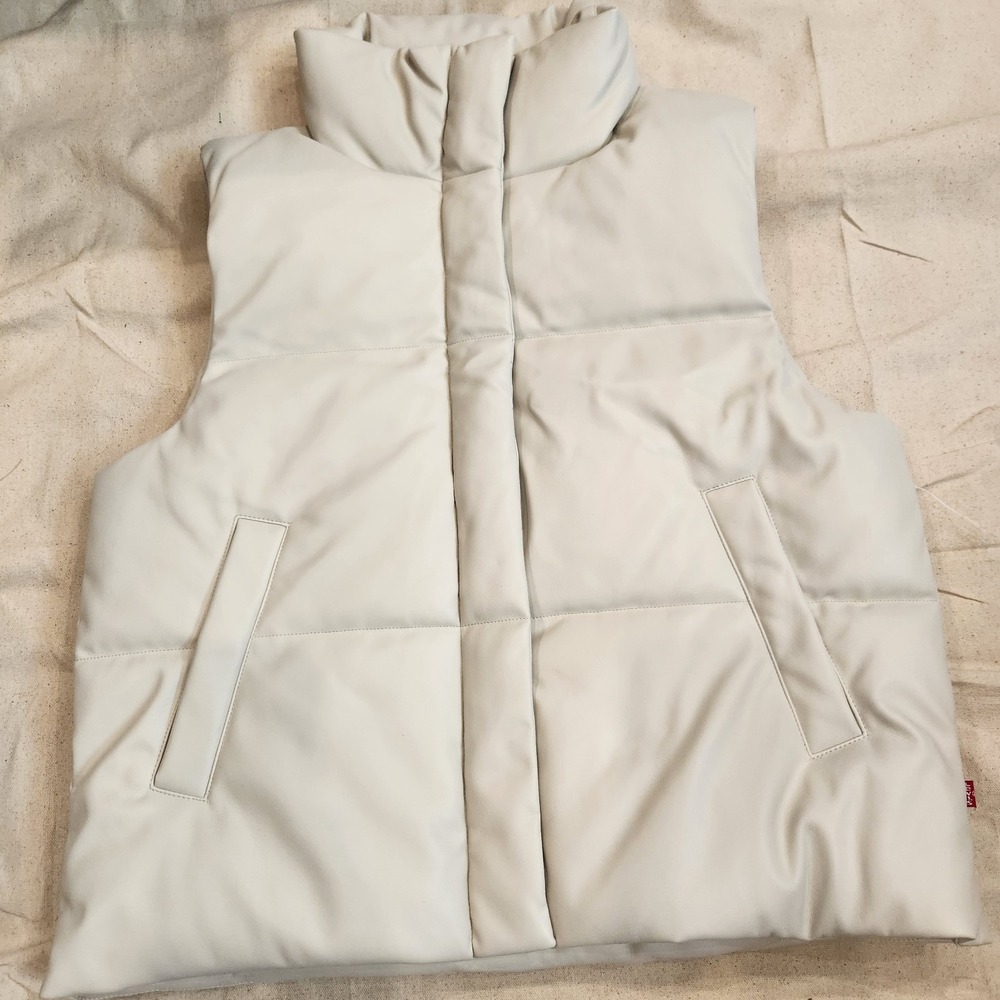 New Levi's White Cream Faux Leather Puffer Funnel Neck Vest Women's L Large